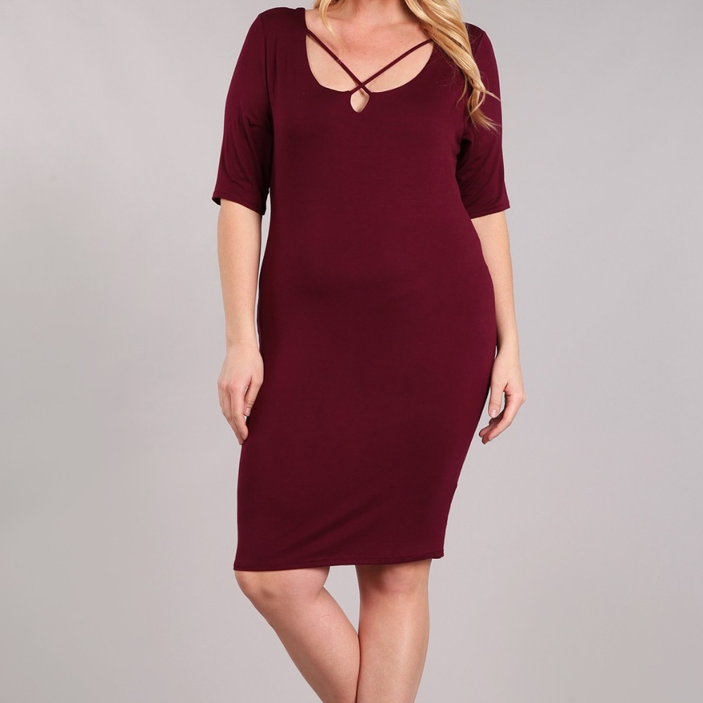 Plus Size Bodycon Burgundy Dress Scoop Neck New